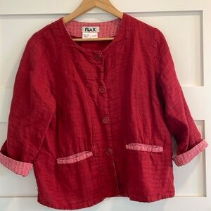 FLAX 100% Linen Jacket Women's Size S Artistic Red Linen Boxy Button Lagenlook